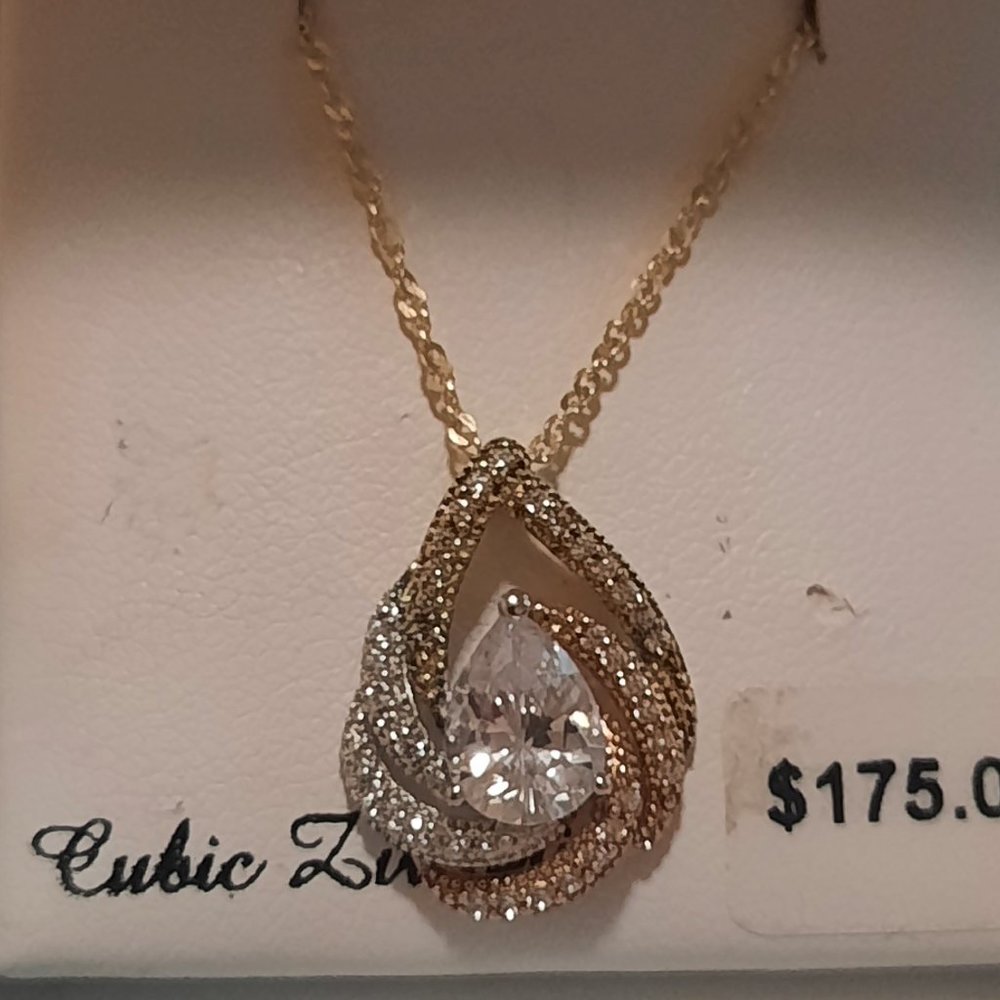 18k Gold over silver tri tone CZ teardrop pendant Necklace